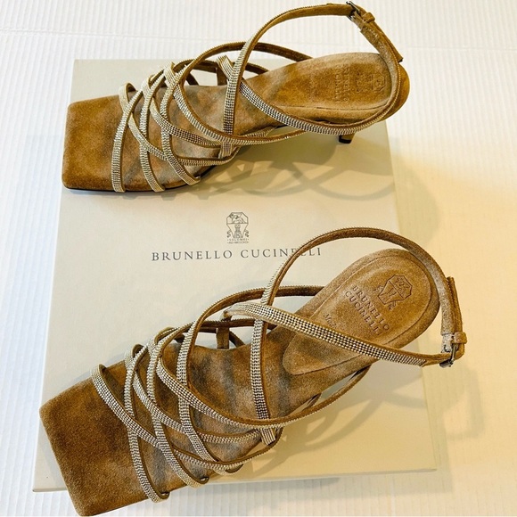 BRUNELLO CUCINELLI Monili Cage Slingback Sandal SUEDE Shoe 38 US 8 Gold NEW Box! - Picture 11 of 15